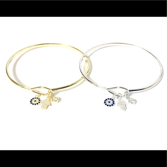 925 STERLING SILVER Hamsa-Eye-CZs Charms Bangle - Picture 2 of 8